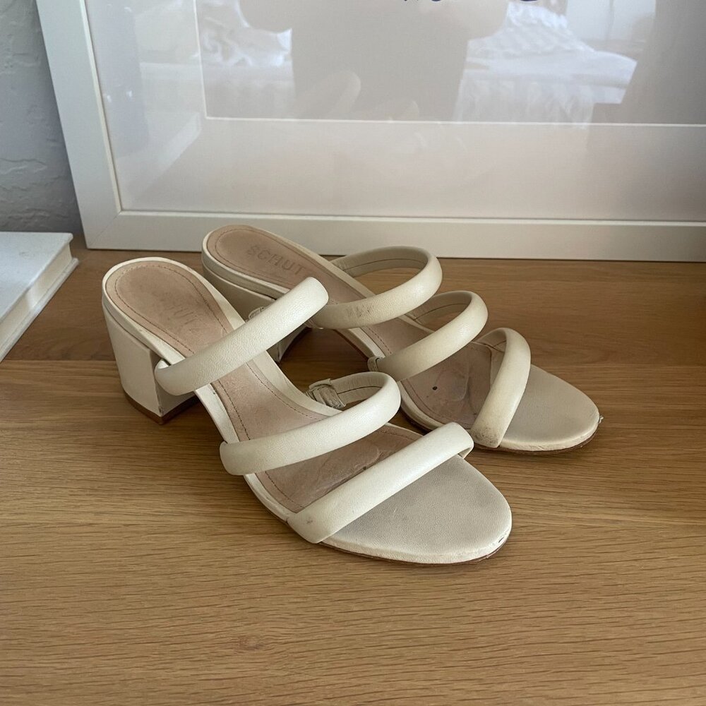 Schutz Olly Mid Block Nappa Leather Sandal in Eggshell, Size 8